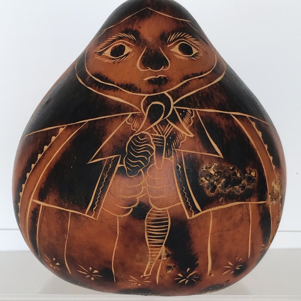Vintage Traditional Gourd Folk Art Handcarved Rattle Native Quechua Culture Peru